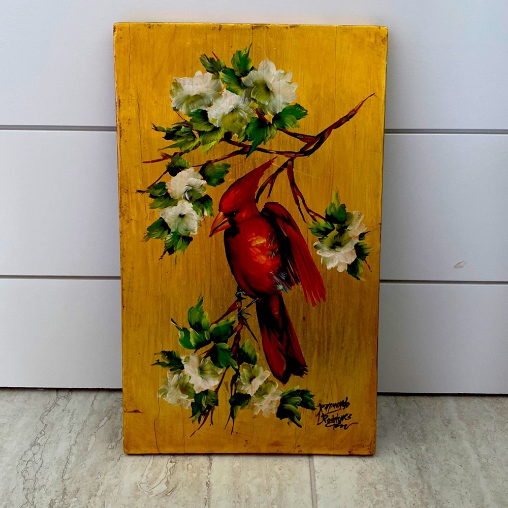 Beautiful Golden Wooden Painting of Cardinal on White Flower Branch. 13inx8in
